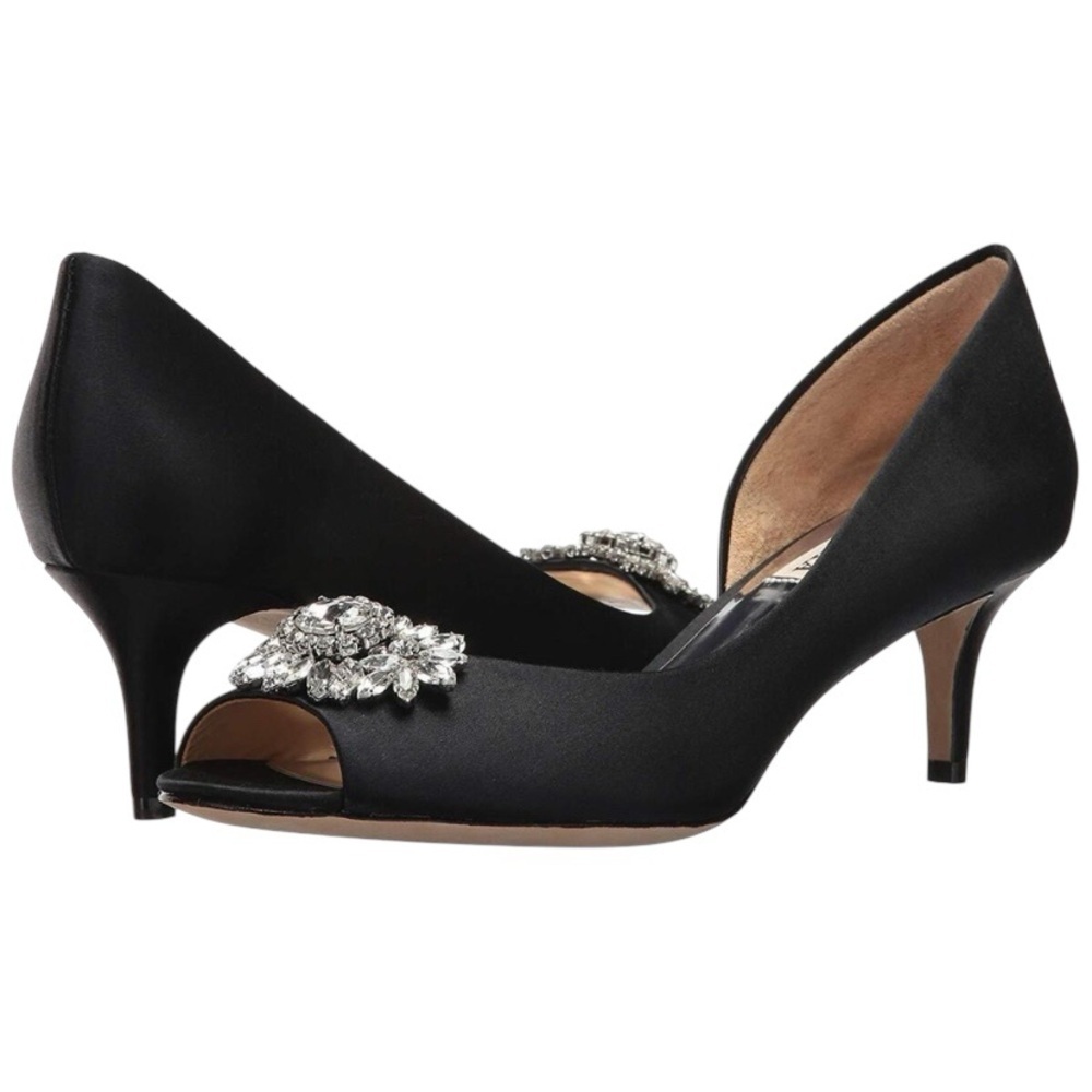 NIB Badgley Mischka Macie Black Satin Pump Half d'Orsay Crystal Vamp - Size 8.5